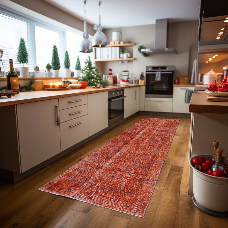 Retro Rug, Red Black Rug, Floral Rug, Turkish Wool Rug, Bathroom Rug