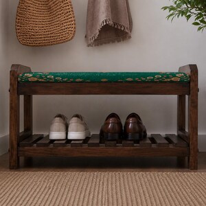 Forest Green Garden Medallion Shoe Rack Bench | Narrow Entryway Shoe Storage | Boho Turkish Handmade image 5