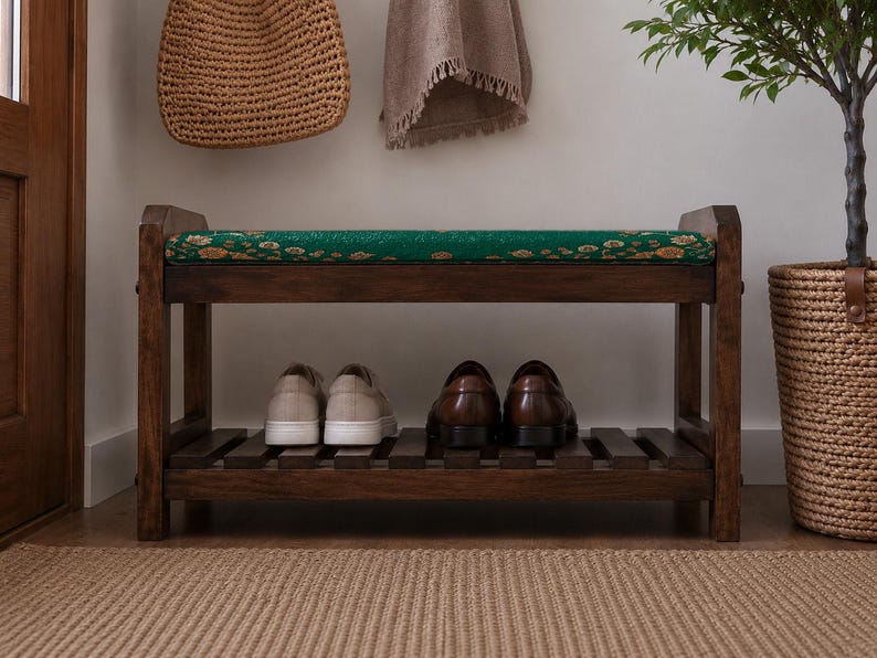 Forest Green Garden Medallion Shoe Rack Bench | Narrow Entryway Shoe Storage | Boho Turkish Handmade image 5