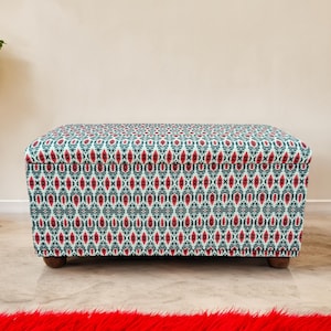 Ethnic Patterned Storage Ottoman | Red Teal Fabric Seating Bench Chest, RS 54