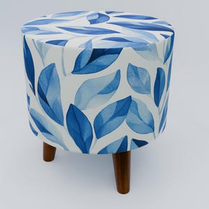 Leaf pattern bench, Blue white pouf, Heartwarming gift, Round footstool, Livingroom furniture, Entryway shoe bench, Round mid table, RS 207