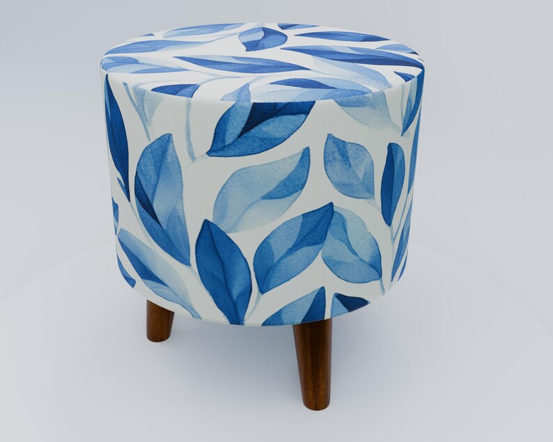 Leaf pattern bench, Blue white pouf, Heartwarming gift, Round footstool, Livingroom furniture, Entryway shoe bench, Round mid table, RS 207