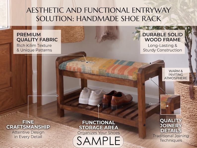 Blush Aztec Zigzag Shoe Rack Bench | Narrow Entryway Shoe Storage | Boho Turkish Handmade image 6