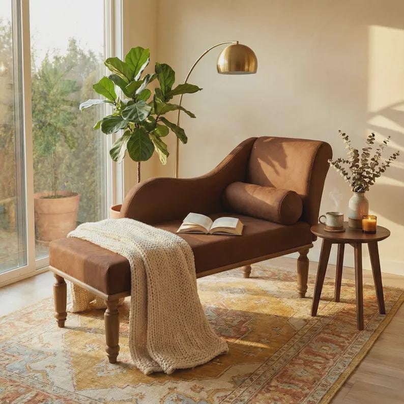 Soft cushioned bench, Chaise lounge chair, Special event lounge, Summer style decor, Bench with backrest, Fainting couch, Sunset orange seat