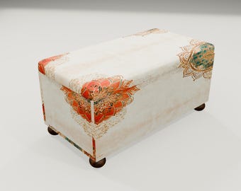 Cream Mandala Storage Ottoman | Ethnic Fabric Bedroom Seating Trunk Chest, RS 5