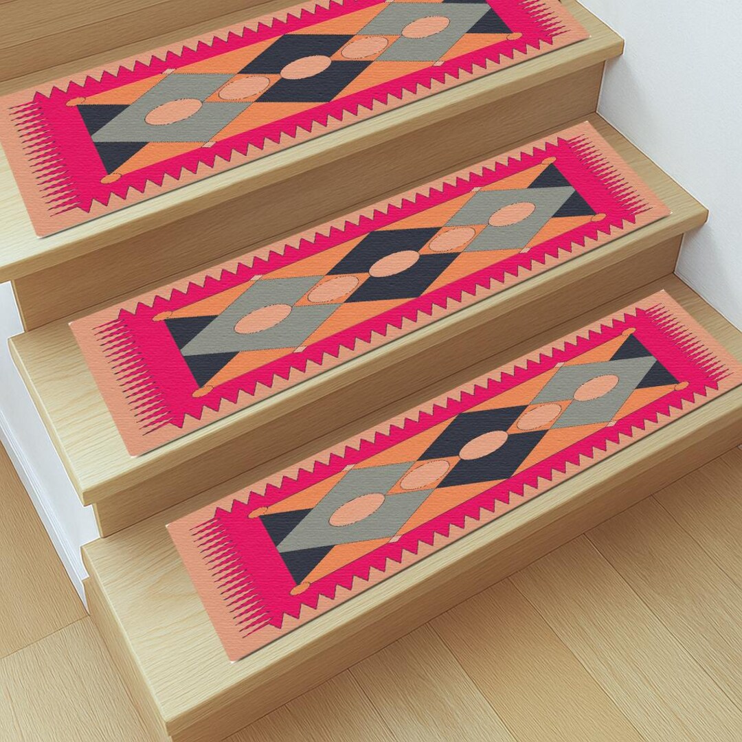 Pink Orange Aztec Stair Treads, Geometric Tribal Non-slip Rug, Boho ...