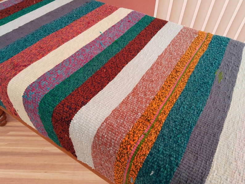 Colorful Kilim Bench | Handwoven Vintage Rug Ottoman | Eclectic Entryway Seating image 12