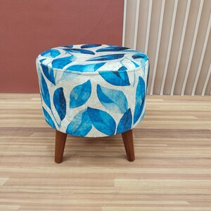 Leaf pattern bench, Blue white pouf, Heartwarming gift, Round footstool, Livingroom furniture, Entryway shoe bench, Round mid table, RS 207