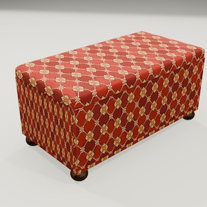 May include: A red and gold patterned storage ottoman with four wooden legs.
