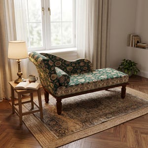Groenroze gebloemde chaise longue, vintage traditionele bank, RS 606