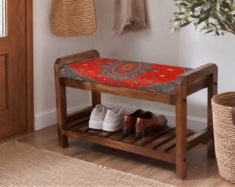 Red Scalloped Sunburst Shoe Rack Bench | Narrow Entryway Storage