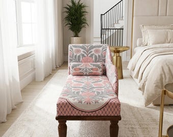 Pink Grey Floral Chaise Lounge | Vintage Bedroom Settee Couch, RS 711