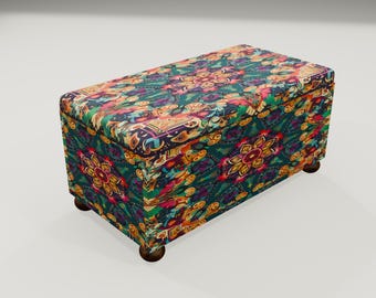 Boho Mandala Storage Ottoman | Teal Colorful Fabric Seating Trunk Chest, RS 71