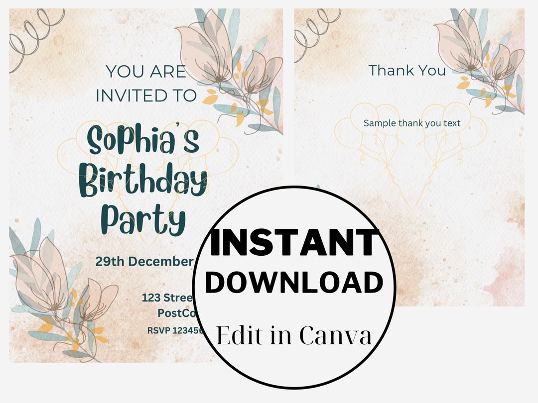 Birthday Invitation Card for Her Digital Canva Card Template Etsy