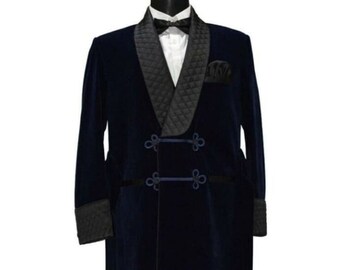 Vestido largo de terciopelo azul para hombre, chaquetas largas para fumar, batas de diseño acolchado negro, chaquetas para fumar, chaqueta de terciopelo cálida de seda, regalo para el marido.