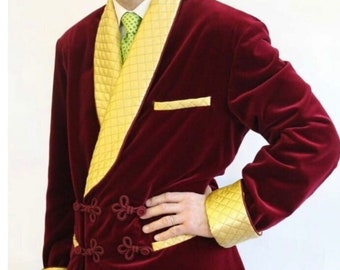 men.s,Smoking Gown Burgundy Velvet Long jacket - Gift For Men - Yellow Quilted Jacket -  men Evening Coat - Men Dinner Jacket Christmas wear