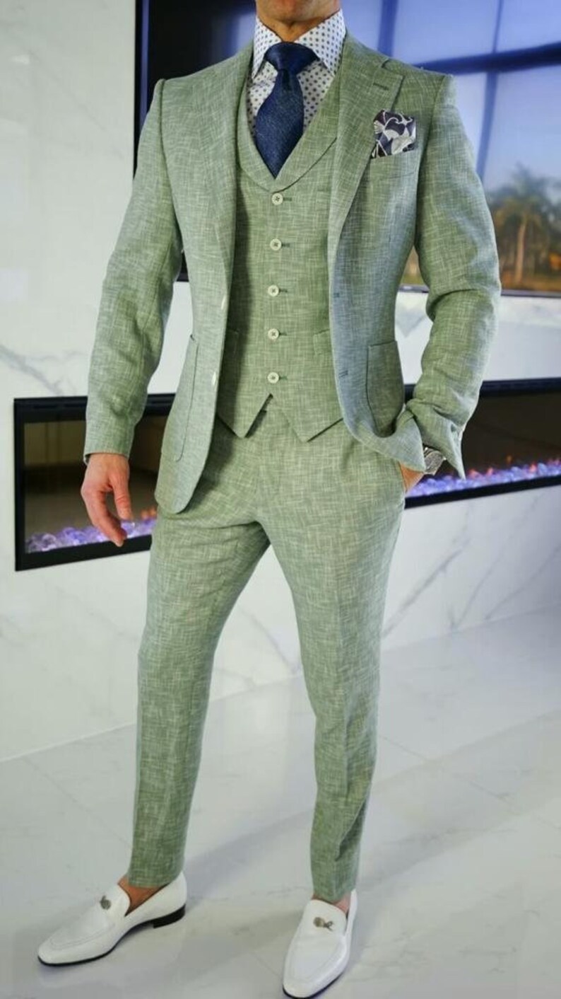 Men SUIT Linen Green Suit Men Engagement Linen 3 Piece Suit Men Slim — free download