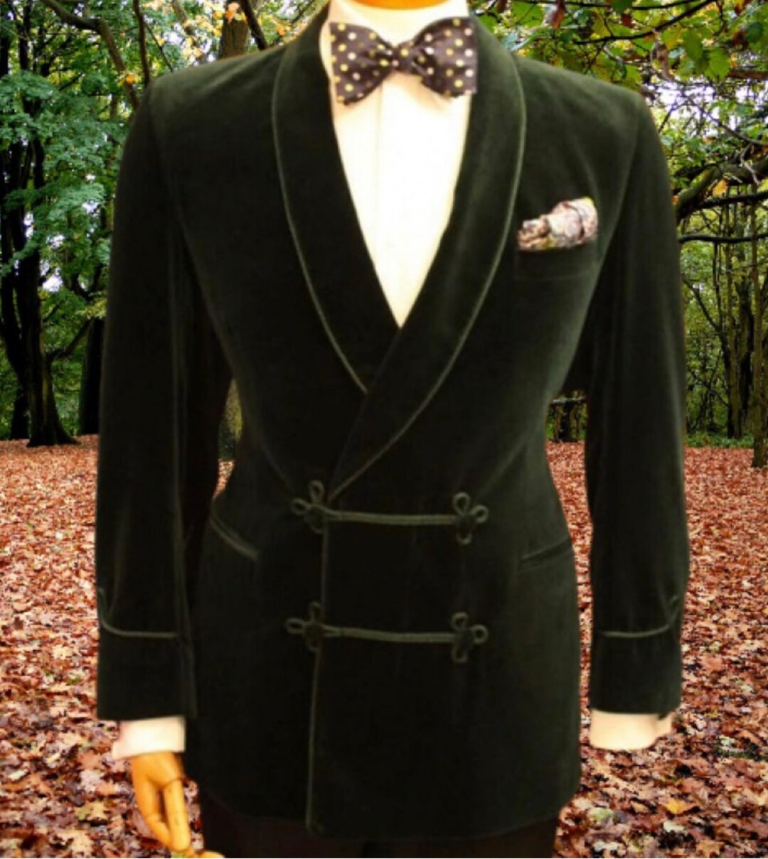 Men's Velvet Dressing Gown Smoking Jacket Green Warm Luxury English