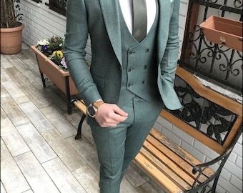 Groomsman sage green 3 piece suits Vintage bespoke Suit Men Stylish Slim Fit Elegant Suit Men 3 Piece Suit Men green suits casual 3 piece