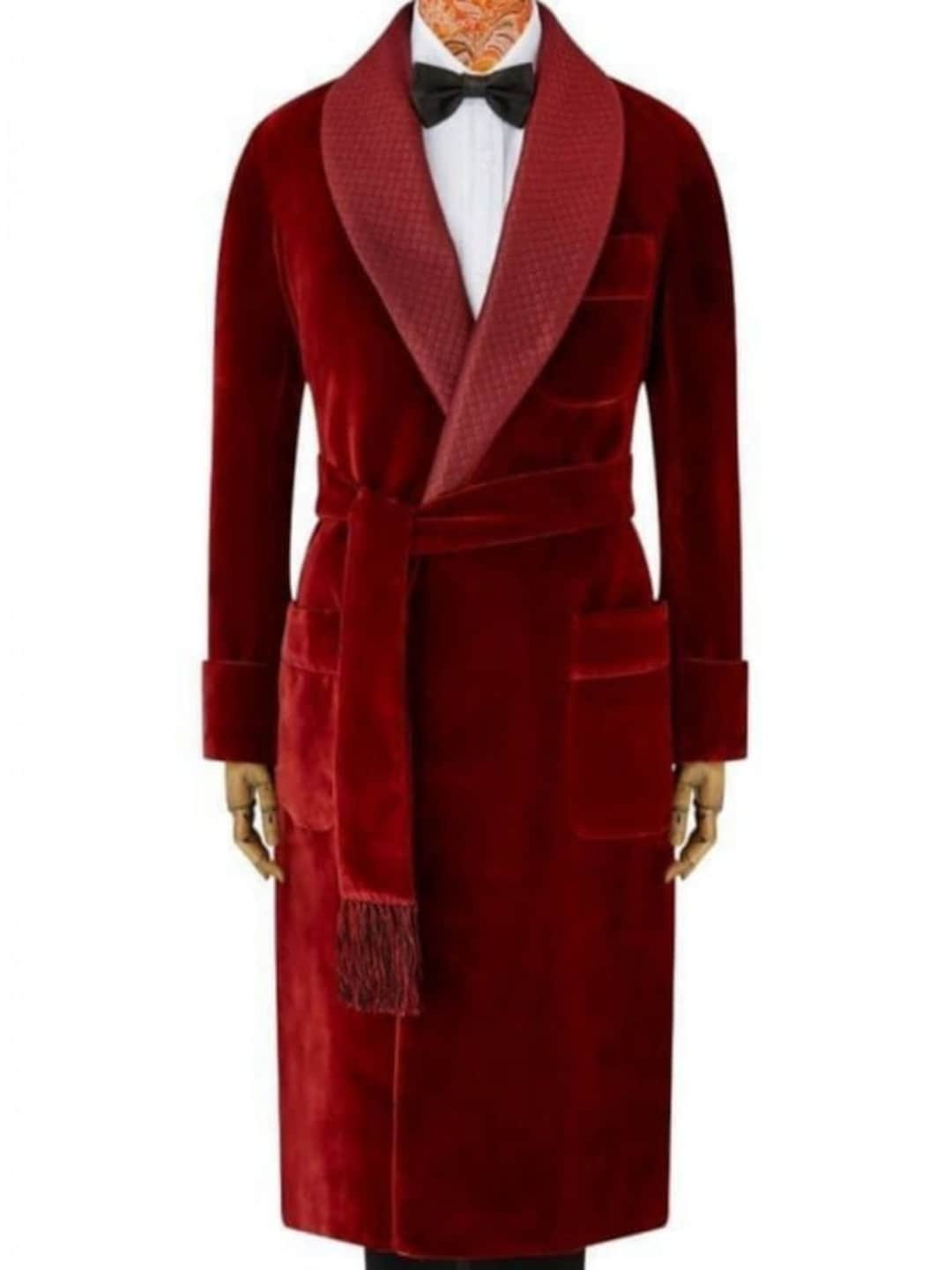 Men Burgundy Long Smoking Jacket Men Black Quilted Robe. Velvet Quilted