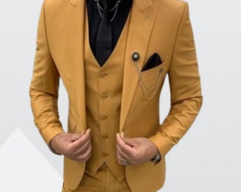 Men yellow 3 Piece suits Wedding Suit Grooms Wear Suit One Button Suit Party Wear Suit For Men Dinner suit event wear 3 piece business suit