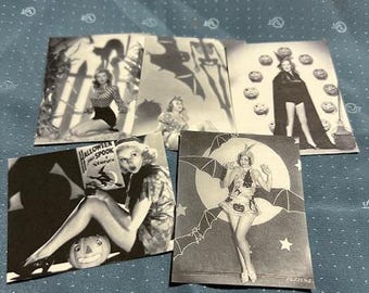 May include: A set of five vintage Halloween postcards featuring women in various costumes. The postcards are black and white and have a vintage feel. The text on one postcard reads "Halloween Book of Spook Stories".