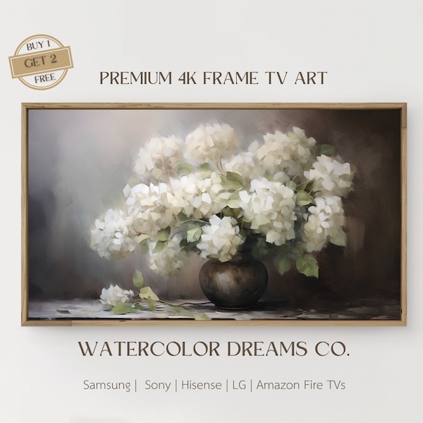 Samsung Frame TV Art White Hydrangeas | Vintage Spring Samsung Frame Tv Art | Rustic Farmhouse | Neutral Floral tv artwork | Cottage Decor