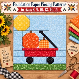Può includere: Un modello di trapuntatura in carta che mostra un carro rosso con due zucche sotto un sole giallo su uno sfondo floreale azzurro. Il testo recita Foundation Paper Piecing Patterns in sizes 8, 9, 10, 12, 14, 15.