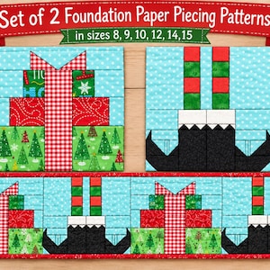 Könnte beinhalten: Ein Set aus 2 Foundation Paper Piecing Mustern mit dem Text Set of 2 Foundation Paper Piecing Patterns in sizes 8, 9, 10, 12, 14, 15. Die Designs zeigen gestapelte Weihnachtsgeschenke und Elfenbeine in Rot, Grün, Schwarz und Hellblau.