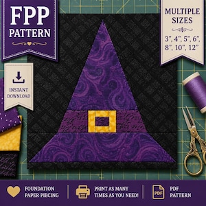 Witch Hat Foundation Paper Piecing Pattern PDF | Halloween FPP Quilt Block | Instant Download | Multiple Sizes 3, 4, 5, 6, 8, 10 & 12 Inch