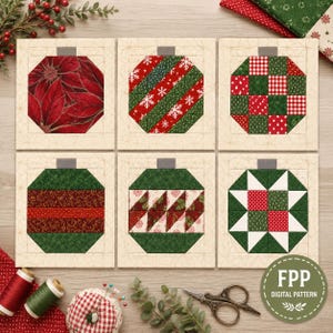 May include: Six square quilt blocks featuring Christmas ornament designs in red, green, and white fabrics. Each block displays a unique pattern, including poinsettias, stripes with snowflakes, checkered squares, and geometric star motifs.