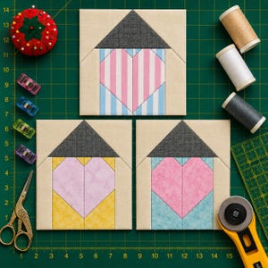 May include: Three square fabric quilt blocks featuring house shapes with heart centers. The top block has a pink and blue striped heart. The bottom left block has a light purple heart on yellow. The bottom right block has a pink heart on blue.