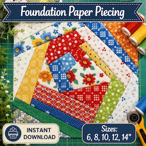 May include: A foundation paper piecing quilt block featuring a geometric pattern of multi-colored fabric strips with floral, grid, and polka dot prints. The block includes red, blue, yellow, and green colors. Text reads Foundation Paper Piecing.