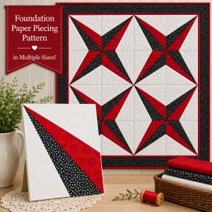 Può includere: Un cartamodello in carta per una trapunta con un design a stella geometrica in rosso, nero e bianco. La trapunta presenta un bordo nero a pois bianchi e sezioni bianche con trapuntatura a piuma. Un campione di tessuto è esposto su un supporto.