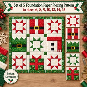 May include: A set of 5 foundation paper piecing patterns for Christmas quilt blocks in sizes 6, 8, 9, 10, 12, 14, and 15 inches. The design features red and green star, gift, and belt motifs on a cream background with a holly leaf border.