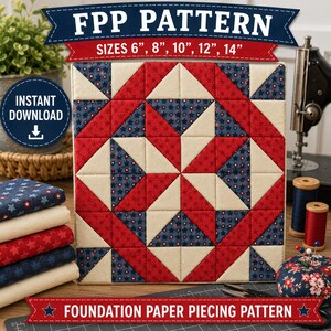 Molde em PDF para Patchwork com Papel Estrela de Fita Rubi | Bloco de Colcha Patriótico | Download Instantâneo | Tamanhos 6, 8, 10, 12 e 14