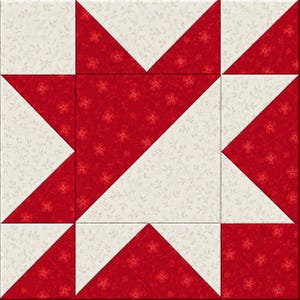 May include: A square quilt block featuring a geometric star pattern composed of red fabric with a small floral print and cream fabric with a delicate vine and leaf pattern. The design is constructed from triangles and squares arranged in a grid.
