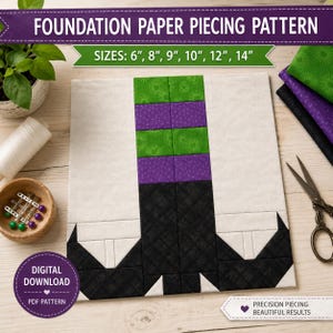 May include: A foundation paper piecing pattern featuring a central vertical column of alternating green and purple patterned fabric blocks, flanked by cream-coloured panels and black geometric shapes at the base. Text includes FOUNDATION PAPER PIECING PATTERN, SIZES: 6", 8", 9", 10", 12", 14", DIGITAL DOWNLOAD, and PRECISION PIECING BEAUTIFUL RESULTS.