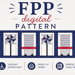 May include: Digital FPP pattern for table runners. The design features a series of rectangular blocks with red, white, and blue geometric patterns. The text "FPP digital PATTERN" is displayed at the top. Includes "Instant Download" and "Print at Home" icons.