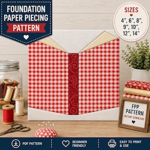 May include: A foundation paper piecing pattern featuring a red and white gingham block design with a central dark red swirl patterned strip. The image includes text labels for sizes 4", 6", 8", 9", 10", 12", 14" and the phrase FPP PATTERN INSTANT DOWNLOAD.