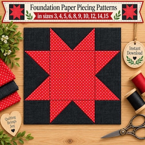 May include: A square quilt block featuring a red star with white polka dots set against a dark charcoal background. A banner at the top reads Foundation Paper Piecing Patterns in sizes 3, 4, 5, 6, 8, 9, 10, 12, 14, 15. Includes spools of thread and scissors.