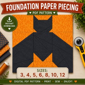 Może przedstawiać: Wzór PDF do szycia metodą foundation paper piecing przedstawiający ciemnoszarą sylwetkę nietoperza na pomarańczowym tle z motywem adamaszku. Obraz zawiera tekst FOUNDATION PAPER PIECING, PDF PATTERN, INSTANT DOWNLOAD oraz SIZES: 3, 4, 5, 6, 8, 10, 12.