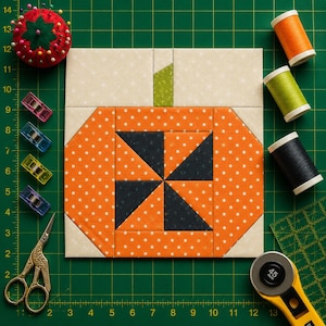 Op de afbeelding: Een vierkant stoffen quiltblok met een pompoenontwerp van oranje stof met stippen, een groene steel en een centraal windmolenpatroon van zwarte en oranje driehoeken, omringd door naaibenodigdheden zoals garen, clips en een schaar.
