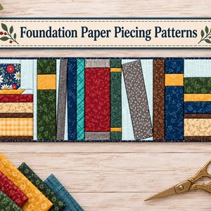 Peut inclure: Un patron de couture en papier avec un motif de courtepointe représentant une étagère à livres et une tasse de thé. Le design inclut divers échantillons de tissus à motifs floraux, à carreaux et unis dans des tons de rouge, bleu, vert, jaune et brun.