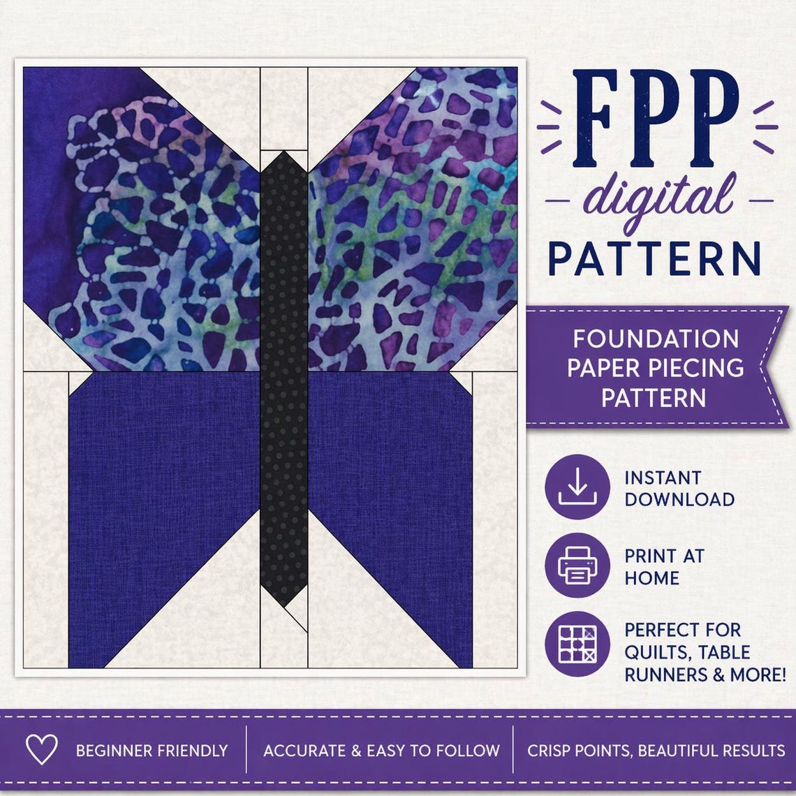 Geometric Butterfly Quilt Block Foundation Paper Piecing FPP Pattern ...