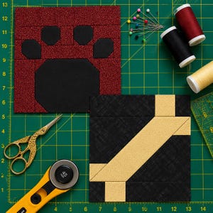 May include: Two square fabric quilt blocks featuring geometric designs. One block displays a black bear paw motif on a speckled maroon background. The second block features a diagonal yellow strip across a black textured fabric. Includes sewing notions.