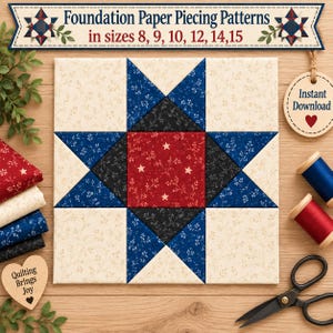 Peut inclure: Un bloc de courtepointe carré avec un carré central rouge à étoiles blanches, entouré de triangles à motifs floraux noirs et bleus, et de coins crème à motifs floraux. Le texte indique : Foundation Paper Piecing Patterns in sizes 8, 9, 10, 12, 14, 15.