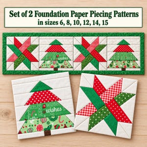 Può includere: Un set di 2 modelli di cucito su carta nelle misure 6, 8, 10, 12, 14, 15. L'immagine mostra un lungo runner da tavola trapuntato rettangolare con blocchi alternati di stelle e alberi di Natale, insieme a due blocchi trapuntati quadrati.