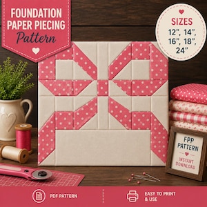 Könnte beinhalten: Ein Foundation-Paper-Piecing-Schnittmuster mit einem quadratischen Quiltblock-Design, das ein geometrisches Windradmotiv aus cremefarbenem und rosafarbenem Stoff mit Punkten zeigt. Der Text enthält FOUNDATION PAPER PIECING Pattern und SIZES 12", 14", 16", 18", 24".