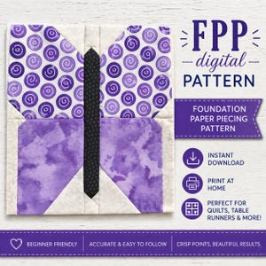 May include: A digital FPP (Foundation Paper Piecing) pattern for a butterfly design. The quilt block features purple and white fabric, with the text "FPP - digital PATTERN" and "INSTANT DOWNLOAD".